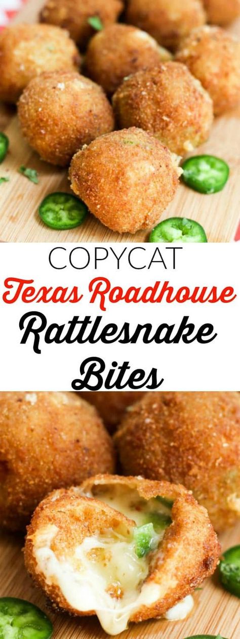 rattlesnake bites made from deep-fried jalepenos and cheese Copycat Appetizers, Texas Roadhouse Rattlesnake Bites, Copycat Texas Roadhouse, Rattlesnake Bites, Restaurant Foods, Restaurant Appetizers, Restaurant Copycat, Spicy Appetizers, Best Appetizer Recipes