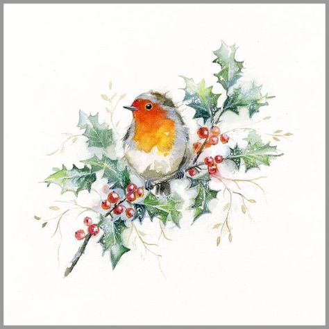 Painted Christmas Cards, Christmas Paintings On Canvas, Christmas Card Art, Watercolor Christmas Cards, Christmas Bird, Paint Cards, Christmas Drawing, Watercolor Inspiration, Vintage Christmas Cards