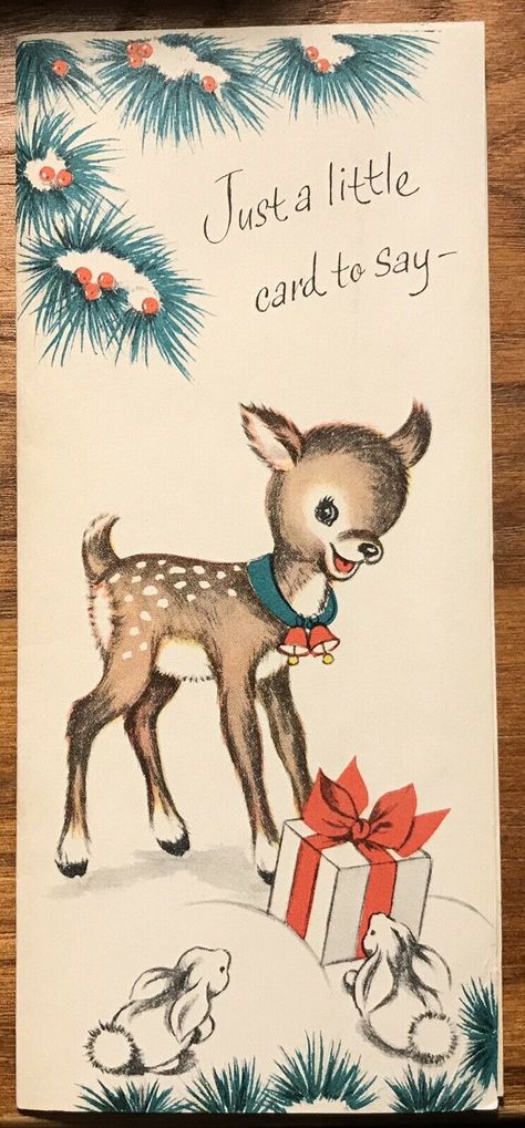 Vintage Buzza Cardozo Christmas Card Deer Bunnies Gift - Birds Inside Xmas Greetings, Vintage Reindeer, Deer Fawn, Vintage Christmas Greeting Cards, Baby Reindeer, Vintage Christmas Images, Christmas Card Art, Bunny Gifts, Christmas Greeting Card