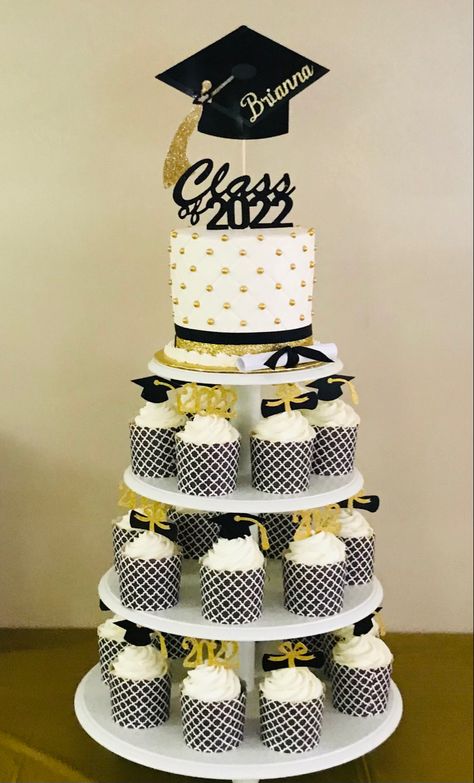 Graduation Cake For 50 People, Graduation Cupcake Tower, Graduation Cake With Cupcakes, Graduation Tier Cakes, Graduation Cake And Cupcake Ideas, High School Graduation Cake Ideas 2023, Graduation Cake And Cupcakes, Graduation Cakes For High School, Middle School Graduation Party