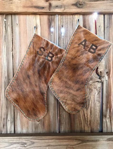 Cowhide Christmas Decor, Cowhide Christmas, Cow Print Stocking, Cowhide Christmas Stocking, Hunter Christmas Stocking, Tooling Patterns, Rustic Crafts, Cowboy Christmas, Country Christmas Decorations