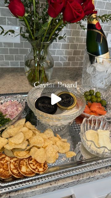 Nicole on Instagram: "Your sign to finally make the caviar board  ft. @imperiacaviar  50g Limited Edition Amur Caviar & 50g Royal Ossetra  Caviar and Champagne Cheers 🥂 #caviar #caviarboard" Caviar And Belini, Caviar On Toast, Caviar Party Ideas, Champagne And Caviar Party, Caviar Charcuterie Board, Caviar Platter, Caviar Serving Ideas, Caviar Board, Caviar Party