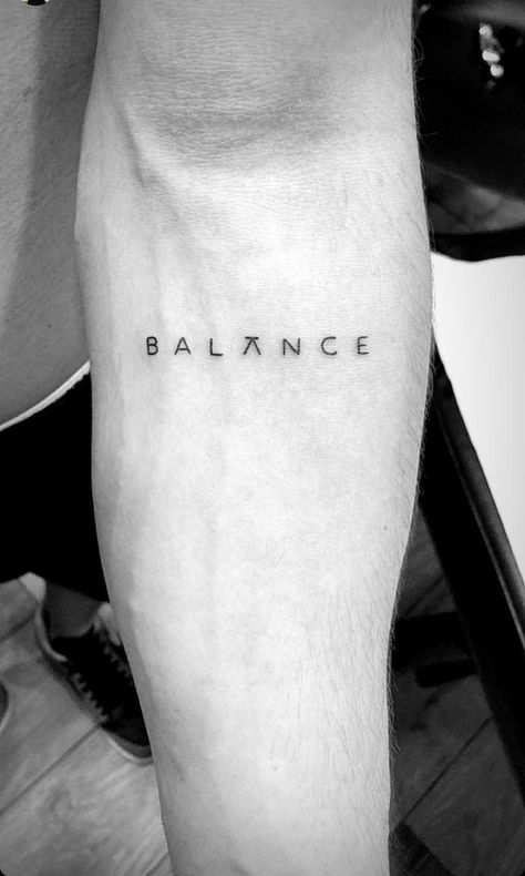 Tattoo Ideas Minimalist Men, Balance Tatoos Ideas, Tattoo Ideas Balance, Balance Tattoo Men, Life Balance Tattoo, Queen Inspired Tattoos, Consistency Tattoo Ideas, Small Tattoo Man, Small Word Tattoos Men