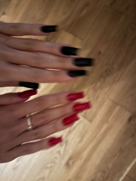 Nails Red And Black Aesthetic Nails Acrylic, Red And Black Nails Simple Design, Red And Black Nails Design Easy, Black And Red Nails Ideas Coffin, Red A D Black Nails, Bright Red And Black Nails, Red Black French Tip Nails, Black And Red Tip Nails, Red And Black Acrylic Nails Ideas