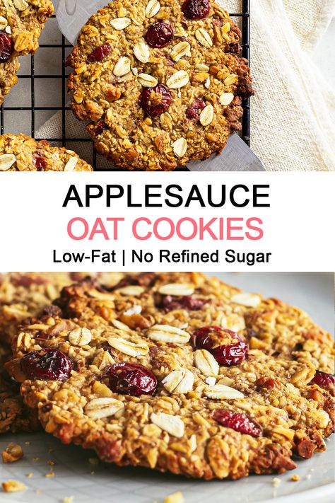 oatmeal cookies with cranberries and nuts Apple Puree Recipe Desserts, Apple Puree Recipe, Oatmeal Cookies With Applesauce, Applesauce Oatmeal Cookies, Applesauce Cookies Recipes, Vegan Oat Cookies, Vegan Applesauce, Fibre Recipes, Healthier Cookies