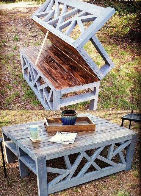 Outdoor Convertible Bench/Coffee Table Convertible Coffee Table, Homemade Tables, Easy Coffee, Patio Diy, Shop Layout, Tables Diy, Woodworking Bench, Pallet Wood, Outdoor Bench