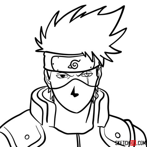 How to draw the face of Kakashi Hatake (Naruto) - SketchOk - step-by-step drawing tutorials Naruto Coloring, Kakashi Drawing, Kakashi Anime, Kid Kakashi, Naruto Sketch Drawing, Naruto Sketch, Hatake Kakashi, Naruto Drawings, Kakashi Sensei