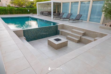 Custom extensions by Silver Fox Sunken Seating, Swimming Pool Design Ideas, Swimming Pool Decorations, Backyard Pool Design, Sunken Patio, Sunken Fire Pits, Inside Pool, Pool Design Ideas, Hot Tub Designs