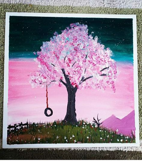 Cherry Blossom Acrylic Painting, Blossom Acrylic Painting, Cherry Blossom Acrylic, Tree On A Hill, Cherry Blossom Painting Acrylic, Beginners Art, Cherry Blooms, Cherry Blossom Painting, Pastel Sec