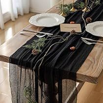 Gray Wedding Table Setting, Black Rustic Table Setting, Wood Table Cloth, Black And Gold Western Wedding, Minimal Fall Wedding Decor, Black Christmas Dinner Table, Black Tablecloth Tablescape, Black Thanksgiving Decor, Dark Romantic Wedding Centerpieces