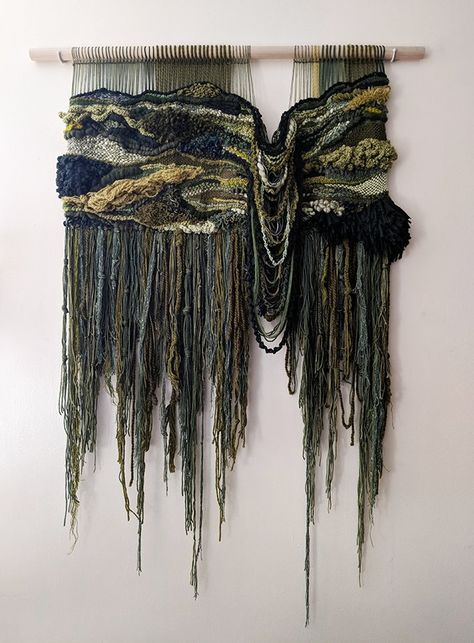 Fiber Art — Lauren Creates Stuff Weaving Loom Diy, Fiber Wall Art, Handwoven Tapestry, Weaving Loom Projects, Weaving Wall Hanging, Textiles Projects, Contemporary Textiles, Woven Wall Art, Recycled T Shirts