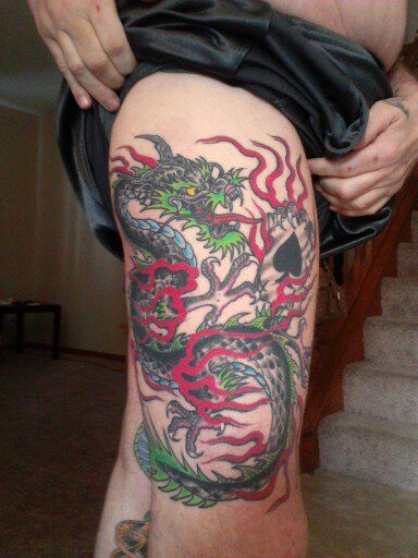 Right thigh I was a Dragon Gunner in the Marine Corps The Tat is a Dragon blowing fire on the Ace of Spades Dragon Blowing Fire, Ace Of Spades, The Marine, A Dragon, Marine Corps, Tatting, Tattoos, My Style