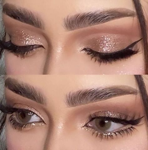 Makeup For Damas Quince, Bronze Dress Makeup, 8th Grade Formal Makeup, Latina Eye Makeup, Gold Makeup Looks Natural, Quince Makeup Natural, Simple Quince Makeup, Natural Quince Makeup Looks, Prom Makeup For Green Eyes