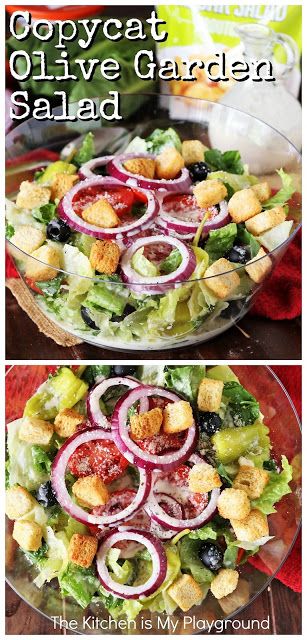 Copycat Olive Garden Salad & Dressing ~ Love Olive Garden salad? Enjoy it at home! With this copycat recipe, you can easily whip up a bowl of this restaurant favorite yourself and enjoy it at home. It's the perfect salad to go with just about any everyday meal. #olivegardensalad #copycatolivegardensalad #saladrecipe www.thekitchenismyplayground.com Copycat Olive Garden Salad, Olive Garden Salad Dressing Recipe, Olive Garden Salad Recipe, Garden Salad Dressing, Garden Salad Recipe, Salad To Go, Olive Garden Salad Dressing, Olive Garden Salad, Copycat Olive Garden