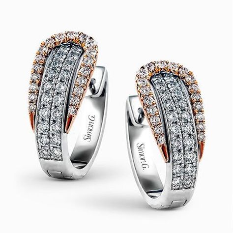 The modern design of these white and rose gold earrings is accentuated by .84 ctw of glistening round cut white diamonds. Vintage Style Rings, Gold Diamond Earrings, Rings Jewelry Fashion, Diamond Hoop Earrings, Rose Gold Jewelry, Designer Engagement Rings, Rose Gold Earrings, White Diamonds, Modern Fashion