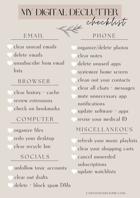 The Ultimate Digital Declutter Checklist to Embrace Minimalism - Home Declutter Checklist, Minimalism Checklist, Adulting Checklist, Declutter Bedroom Checklist, Declutter Motivation, Digital Decluttering, Email Organization, Organizing Checklist, Minimalist Checklist