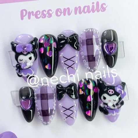 Sanrio Nail Art Kuromi, Kurumi Nails, Uñas Kuromi, Kuromi Nail Art, Sanrio Nail Art, Kuromi Nails, Hello Kitty Nails Art, Fake Nails Designs, Asian Nails