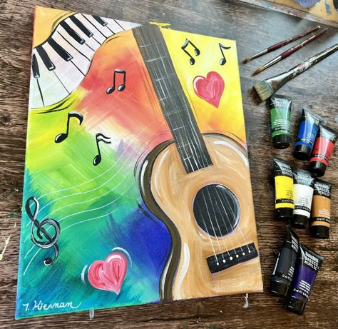 Colorful Music - Step By Step Painting Tutorial Music Related Drawings, Painting A Guitar, Guitar Art Painting, Music Art Painting, Painting Composition, Theme Painting, Composition Painting, Fall Canvas Painting, Acrylic Painting Inspiration