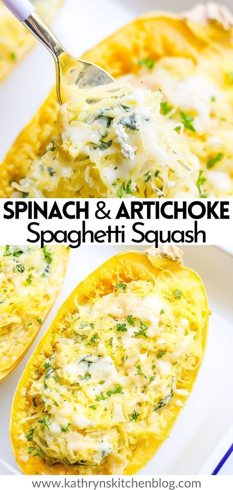 Spinach and Artichoke Stuffed Spaghetti Squash (Low-Carb and EASY) Artichoke Spaghetti Squash, Artichoke Spaghetti, Artichoke Stuffed, Stuffed Spaghetti Squash, Vegetarian Spaghetti, Spinach And Artichoke Dip, Spinach Artichoke Chicken, Artichoke Recipes, Spaghetti Squash Recipes