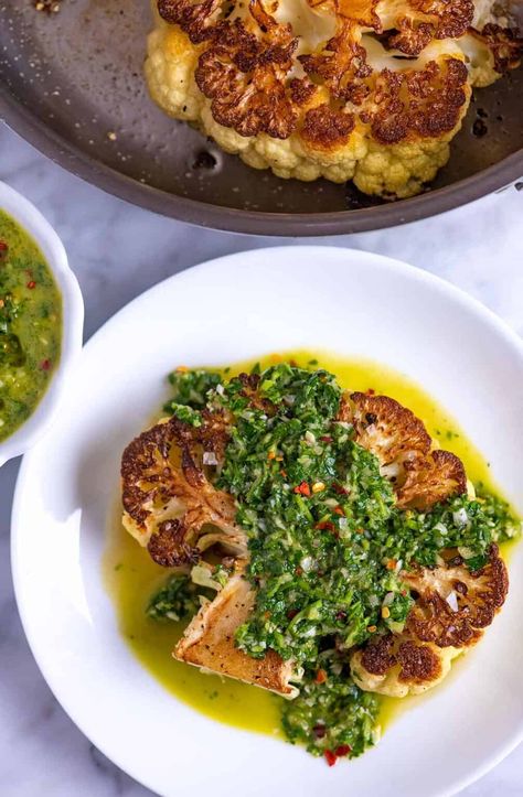 Chimichurri Cauliflower, Steak With Chimichurri, Cauliflower Steaks Recipes, Steak With Chimichurri Sauce, Cauliflower Steak, Roasted Cauliflower Steaks, Grilled Cauliflower, Chimichurri Recipe, Keto Side