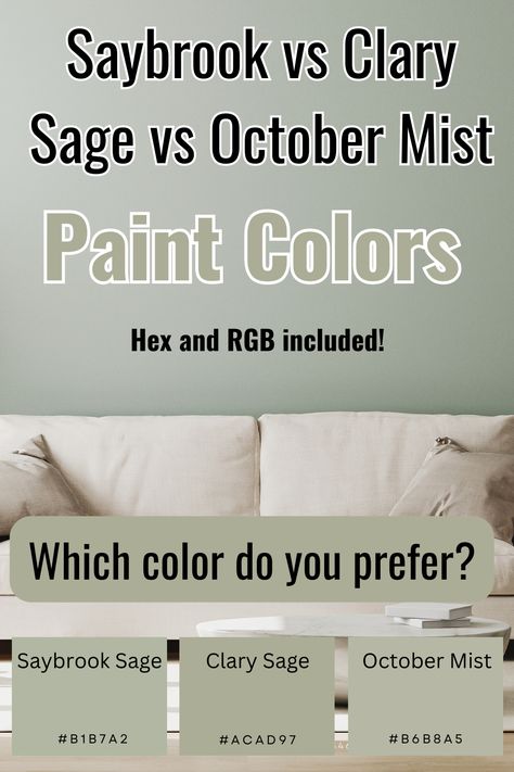 Saybrook Sage vs Clary Sage vs October Mist: Paint Colors Compared In this article, you will learn about Saybrook Sage, Clary Sage, and October Mist paint colors including a side-by-side comparison. If you are considering either of these colors, the following information will help you make the right decision. Behr Clary Sage, Sage Green Paint Colors For Bedroom, Benjamin Moore Springfield Sage, Benjamin Moore Saybrook Sage Bedroom, Sage Basement Walls, Sage Kitchen Color Schemes, White Sage Paint Color Kitchen, Clary Sage Benjamin Moore, Clary Sage Paint Color