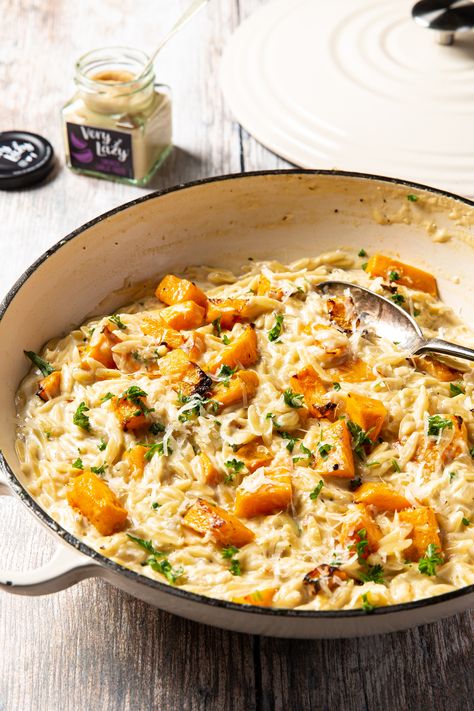 Garlic Butternut Squash and Orzo Recipe | Healthy Meals Orzo Recipes Healthy, Garlic Butternut Squash, Butternut Squash Orzo, Squash Orzo, Orzo Recipe, Healthy Meal Ideas, Orzo Recipes, Weekday Meals, Butternut Squash Recipes