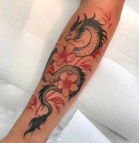 Dragon Tattoos Forearm, Women Dragon Tattoo, Feminine Dragon Tattoo, Tatuaje Studio Ghibli, Dragon Tattoo Arm, Red Dragon Tattoo, Around Arm Tattoo, Dragon Tattoo For Women, Tattoos Geometric