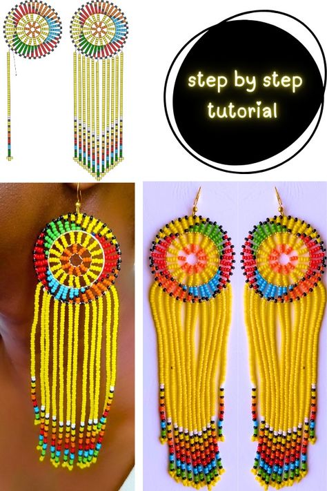 Zulu/Maasai Beaded Earrings Tutorial: Easy Steps for Stunning African Jewelry - Style Zuri Maasai Art, Beaded Earrings Tutorial, Outer Pattern, Needle Earrings, Earrings Tutorial, Beaded Earrings Tutorials, Bead Weaving Patterns, Earring Tutorial, Maasai