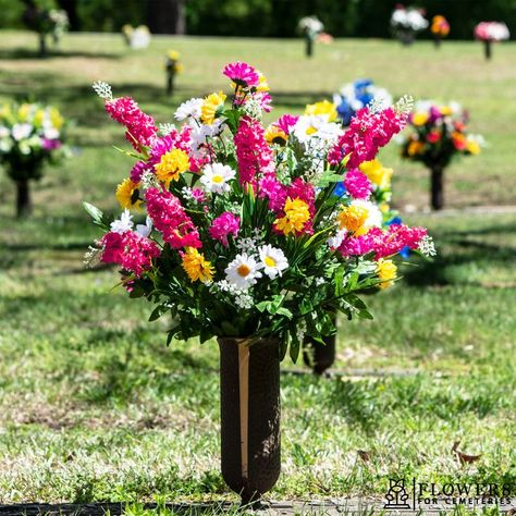 Yellow White Bouquet, Flowers For Cemetery, Gravesite Decorations, Cemetery Vases, Yellow Peonies, Flowers For Mom, Deco Mesh Wreaths Diy, Purple Lily, Grave Flowers