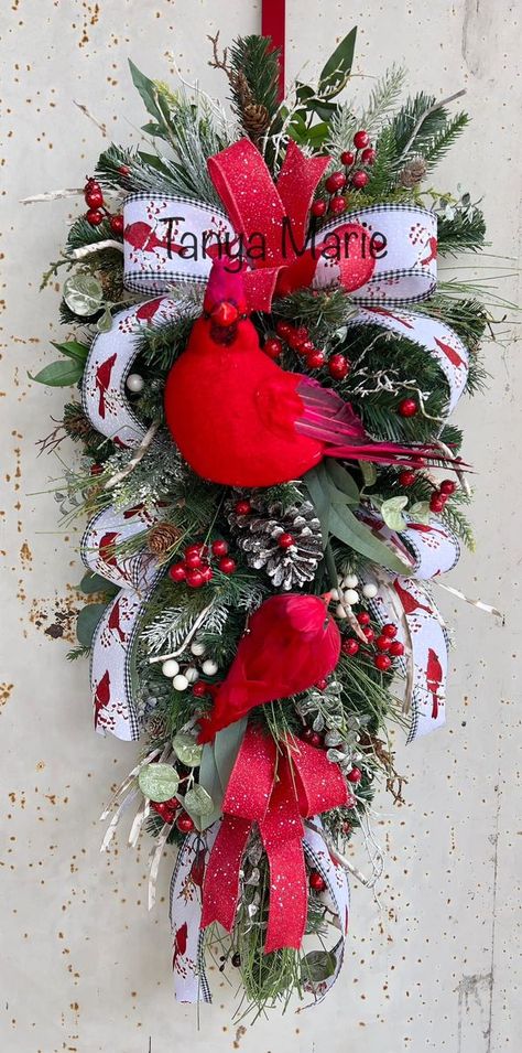 Wreaths & Bows : Inspiration and Ideas by Wreath & Bow Co | Decided to do a cardinal swag but a little more simple than my last ones ❤️ | Facebook Swag Ideas For Christmas, Cardinal Christmas Wreaths, Cardinal Wreath Ideas, How To Make A Swag Wreath, Christmas Swags Ideas Diy, Cardinal Wreaths, Christmas Swags Ideas, Cardinal Winter, Christmas Wreath Designs