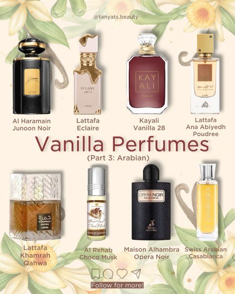 Easily Likeable Vanilla Perfumes: Middle-Eastern Edition ⠀ Surprisingly, it was hard to create a collection of Arabian vanilla perfumes. The reason is simple: almost every trending Arabian perfume for women has a vanilla note. ⠀ I’ve tried to pick only those options where the note of vanilla is prominent, and all these perfumes can be considered relatively safe blind buys if you like the description. ⠀ ▫️ Al Haramain Junoon Noir — by far my favorite Arabian perfume. It’s super feminine and su... Women Perfume Collection, Vanilla Perfume Arab, Arab Beauty Products, Vanilla Notes Perfume, Arabian Perfume Aesthetic, Arabian Skincare, Best Woman Perfumes, Middle Eastern Fragrances, Gourmand Arab Perfumes