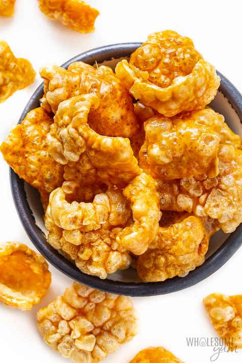 How To Make Pork Rinds (Chicharrones) | Wholesome Yum Chicharones Recipe, Cracklins Recipe, Pork Scratchings, Chicharrones Recipe, Crackling Recipe, Pork Belly Recipes Crispy, Pork Rind Recipes, Potato Chip Recipes, Pork Rind