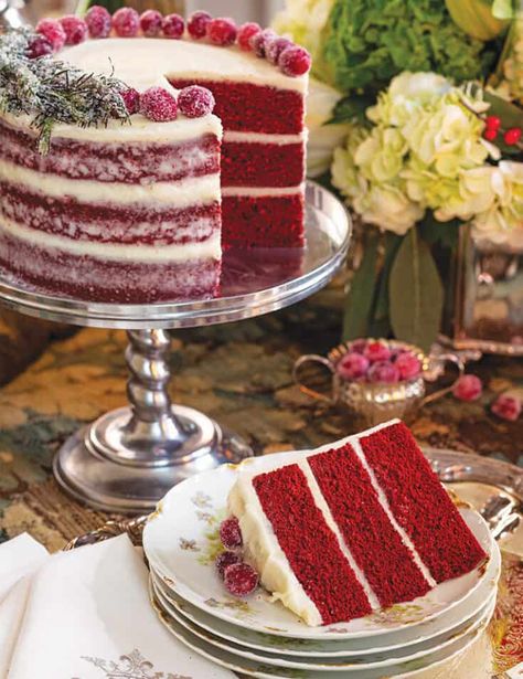 "The pièce de resistance of any celebration, sumptuous Red Velvet Cake boasts a festive wreath of sugared cranberries and rosemary." Christmas Afternoon Tea, Christmas Tea Party, Red Velvet Cake Recipe, Victoria Magazine, Homemade Sweets, Christmas Cakes, Red Food, Christmas Cooking, Christmas Tea