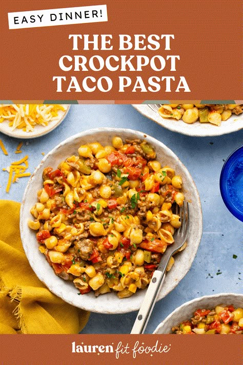 This Easy Crockpot Taco Pasta seriously has it all! Cheesy, beefy pasta packed with your favorite taco flavor and so easy to make using the slow cooker! This easy recipe is the most tasty dinner and will definitely be a new favorite for the entire family! Crockpot Taco Pasta, Crockpot Taco, Slow Cooker Pasta Recipes, Macro Counting, Healthy Tacos Salad, Crock Pot Tacos, Slow Cooker Pasta, Taco Pasta, Healthy High Protein Meals