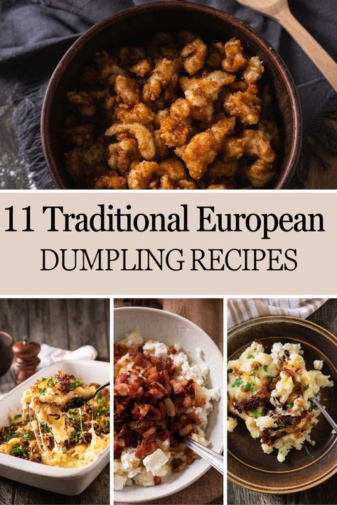 A bunch of images showing different European dumpling recipe foods. Knodel Recipe, Czech Dumplings, Manti Recipe, Russian Dumplings, Red Cabbage With Apples, Dumpling Recipes, Cottage Recipes, Spaetzle Recipe, Cottage Meals