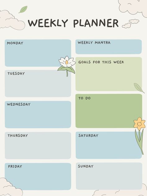 This minimalist weekly planner is perfect for those who want to stay organized and stylish. The green color and gold floral design are both calming and elegant, and the simple layout makes it easy to see what's coming up each week. Whether you're a student, a professional, or just someone who wants to keep track of their life, this planner is perfect for you.

Download your copy Weekly Planner Astethic, Cute Weekly Planner Template Aesthetic, Cute Weekly Planner Template, Green Weekly Planner, Weekly Mantra, School Weekly Planner, Goodnotes Weekly Planner, Pink Notion Template, Week Planner Printable