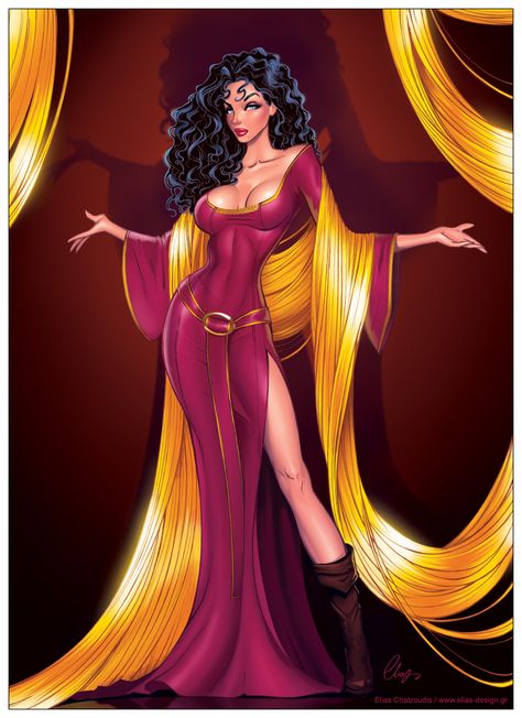 Dark Disney Art, Disney Pin Up, Elias Chatzoudis, Mother Gothel, Disney Version, Dark Disney, Twisted Disney, Disney Tangled, Fantasias Halloween