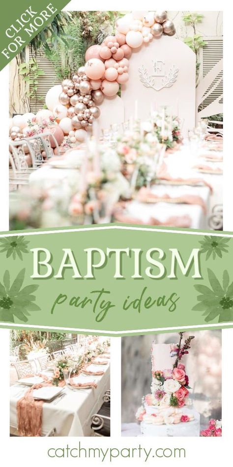 Take a look at this beautiful enchanted garden baptism! The cake is amazing! See more party ideas and share yours at CatchMyParty.com Outdoor Baptism Party Ideas, Baptism Theme Ideas, Christening Party Ideas, Baptism Party Theme, Baptism Baby Girl, Baptism Decorations Girl, Baptism Themes, Baptism Party Ideas, Christening Decorations