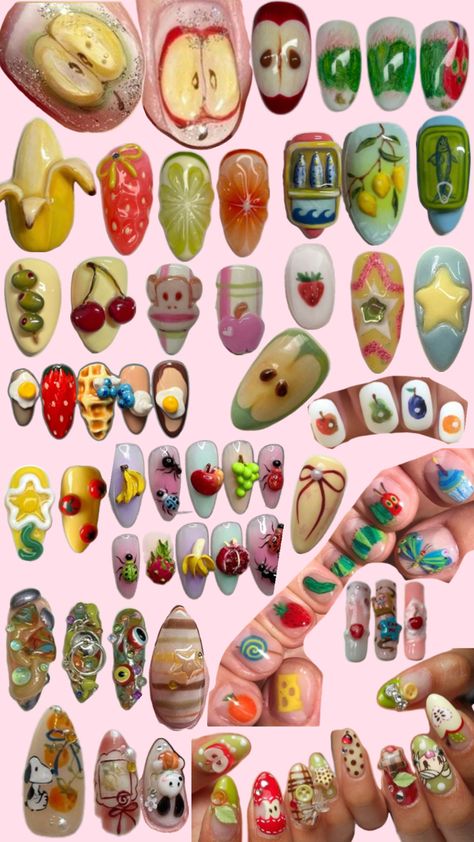 nail idea Twee Aesthetic Nails, Cottage Nails Aesthetic, Nail Graphic Design, Eclectic Nail Art, Pikmin Nails, Radiohead Nails, Twee Nails, Bread Nails, Cottage Nails