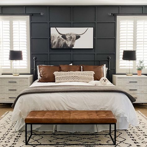 Master Bedroom Batten Board Accent Wall Hack Batten Board, Прикроватные Тумбочки, Bedroom Accent, Accent Wall Bedroom, Remodel Bedroom, Master Bedrooms Decor, Dark Color, Bed Room, My New Room