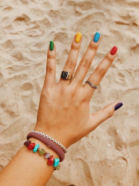 Mix Match Nails Colour, Solid Colour Acrylic Nails, Medium Ash Blonde Hair Color, Primary Color Nails, Colour Block Nails, Mixed Color Nails, Hairstyle For Straight Hair, Medium Ash Blonde Hair, Multicoloured Nails