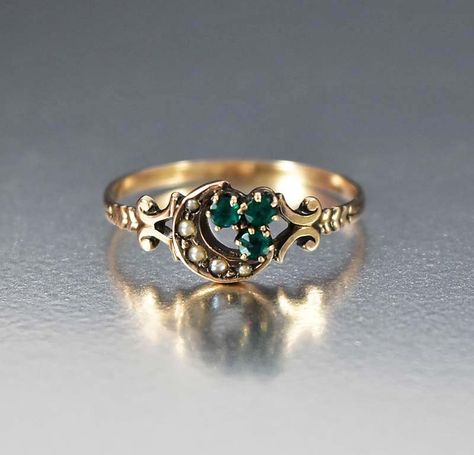 Victorian Crescent Moon Antique Emerald Ring Antique Emerald Ring, Vintage Jewelry Antique, Emerald Ring Vintage, Antique Jewellery Online, Rings Ideas, Antique Engagement Ring, Antique Engagement Rings, Victorian Jewelry, Antique Jewellery