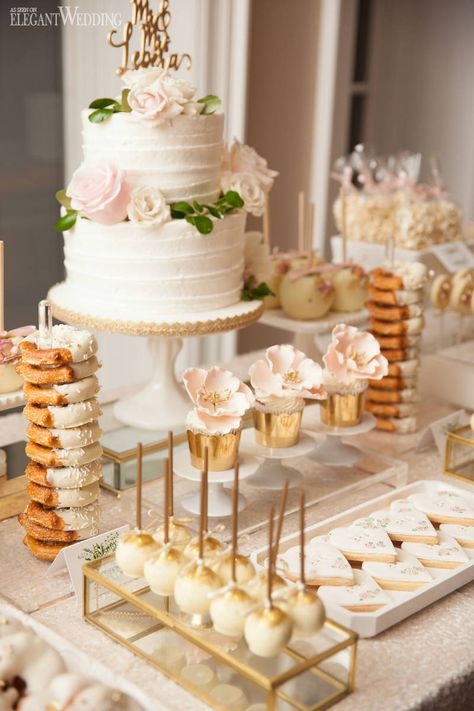 Blush and Gold Wedding Sweet Table, Gold Wedding Desserts, Wedding Sweet Table ideas | A Dreamy Winery Wedding with A Lush Floral Arbour | ElegantWedding.ca Elegant Wedding Dessert Table, Floral Arbour, Wedding Dessert Table Decor, Sweet Table Wedding, Wooden Wedding Guest Book, Dessert Table Decor, Wedding Sweets, Wedding Cake Table, Wedding Dessert Table