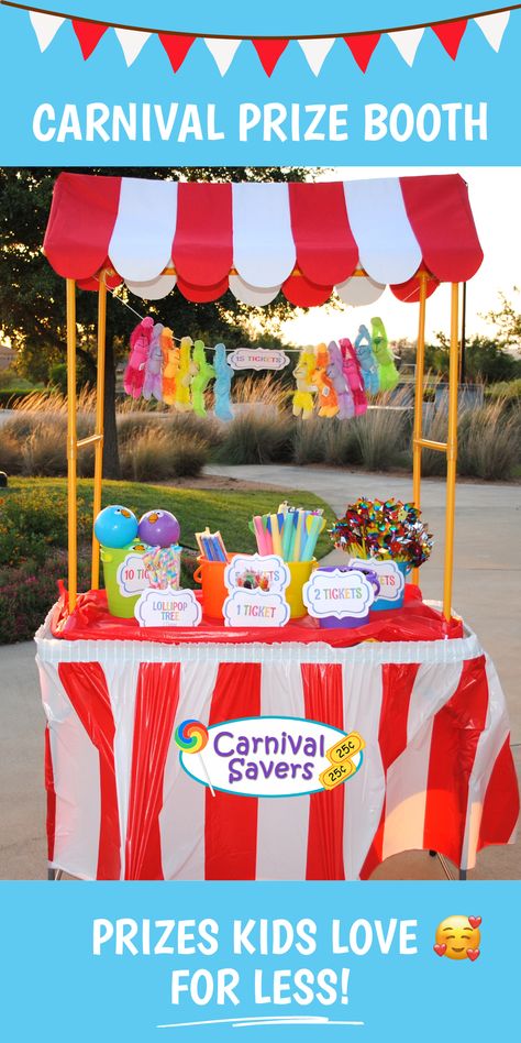 Colorful carnival prizes displayed with red and white awning and tablecloth outside on a beautiful day! Diy Carnival Prizes, Kids Carnival Ideas, Winter Carnival Ideas, Prize Ideas, Bouncing Balls, Diy Carnival, Church Community, Pto Ideas, Winter Carnival