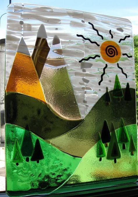 fused glass panel. Woodland and mountain scene Fused Flowers, Glass Frit Painting, Frit Painting, Fused Glass Panel, Fused Glass Dishes, Fused Glass Wall Art, Glass Suncatchers, Glass Fusion Ideas, Fused Glass Artwork