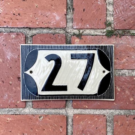 House Number Yard Sign Diy, Front Yard Address Sign, Cottage House Numbers, Hand Painted House Numbers, Front Exterior House Design, Ceramic Address Plaque, Address Signs For House, Clay House Numbers, Address Numbers On House