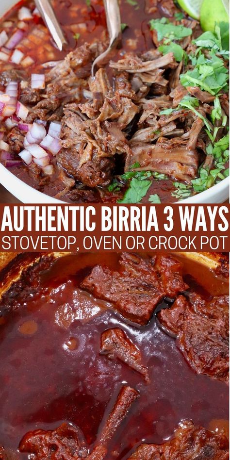 shredded beef in birria broth in a bowl, and cooked birria in a large pot Authentic Birria, Mexican Birria Recipe, Beef Birria Recipe, Beef Birria, Mexican Beef, Mexican Recipe, Slow Cooked Beef, Hispanic Food, Tender Beef