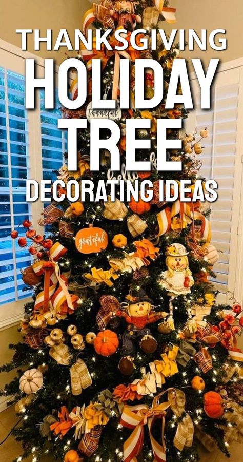 Get ready for the holidays with these Thanksgiving Tree decorating ideas for your artificial Christmas tree - how fun and festive for Fall! Thanksgiving Christmas Trees, Fall Decorated Christmas Trees, Thanksgiving Tree Decorations, Thanksgiving Tree Ideas, Halloween Christmas Tree Ideas, Unique Christmas Tree Themes, Baby Shower Tree, St Patrick's Day Tree, Unique Christmas Trees Themes