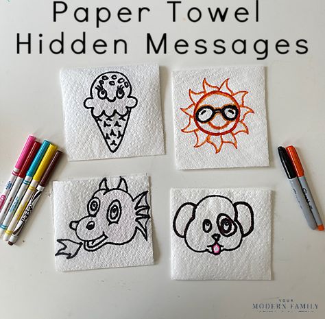 These Paper Towel Hidden Messages are made with markers, paper towels, and water. It's one of the best science experiments in water & kids love it! Paper Towel Water Experiment, Paper Towel Marker Water, Magic Paper Towel Experiment, Magic Paper Towel Art, Science Experiments With Water, Experiments With Water, Paper Towel Art, Napkin Drawing, Ks1 Science