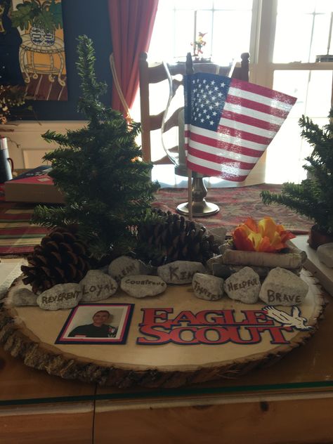 Eagle Scout Court Of Honor Decorations, Scout Centerpiece Ideas, Eagle Ceremony Decorations, Eagle Scout Ceremony Decorations, Eagle Scout Display Table, Eagle Scout Centerpieces, Eagle Scout Quilt, Boy Scout Law, Eagle Ceremony